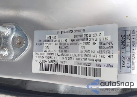 2004 Mazda Mpv Es z USA, uszkodzony, nr VIN JM3LW28J140505112